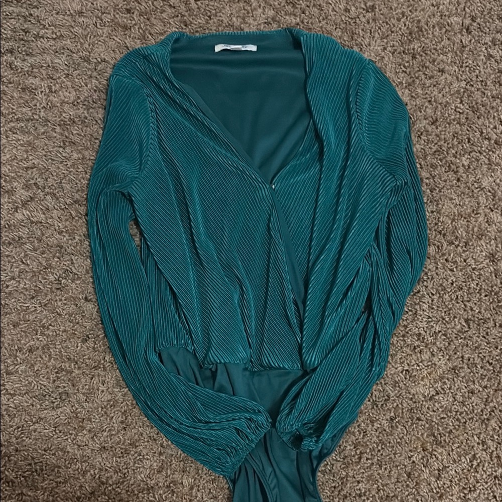 She and Sky Teal Pleated Long-Sleeve Bodysuit
